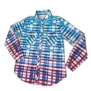 ​WOMENS MEDIUM OMBRE PLAID BUTTON DOWN SHIRT BLUE PURPLE GRADIENT LONG SLEEVE